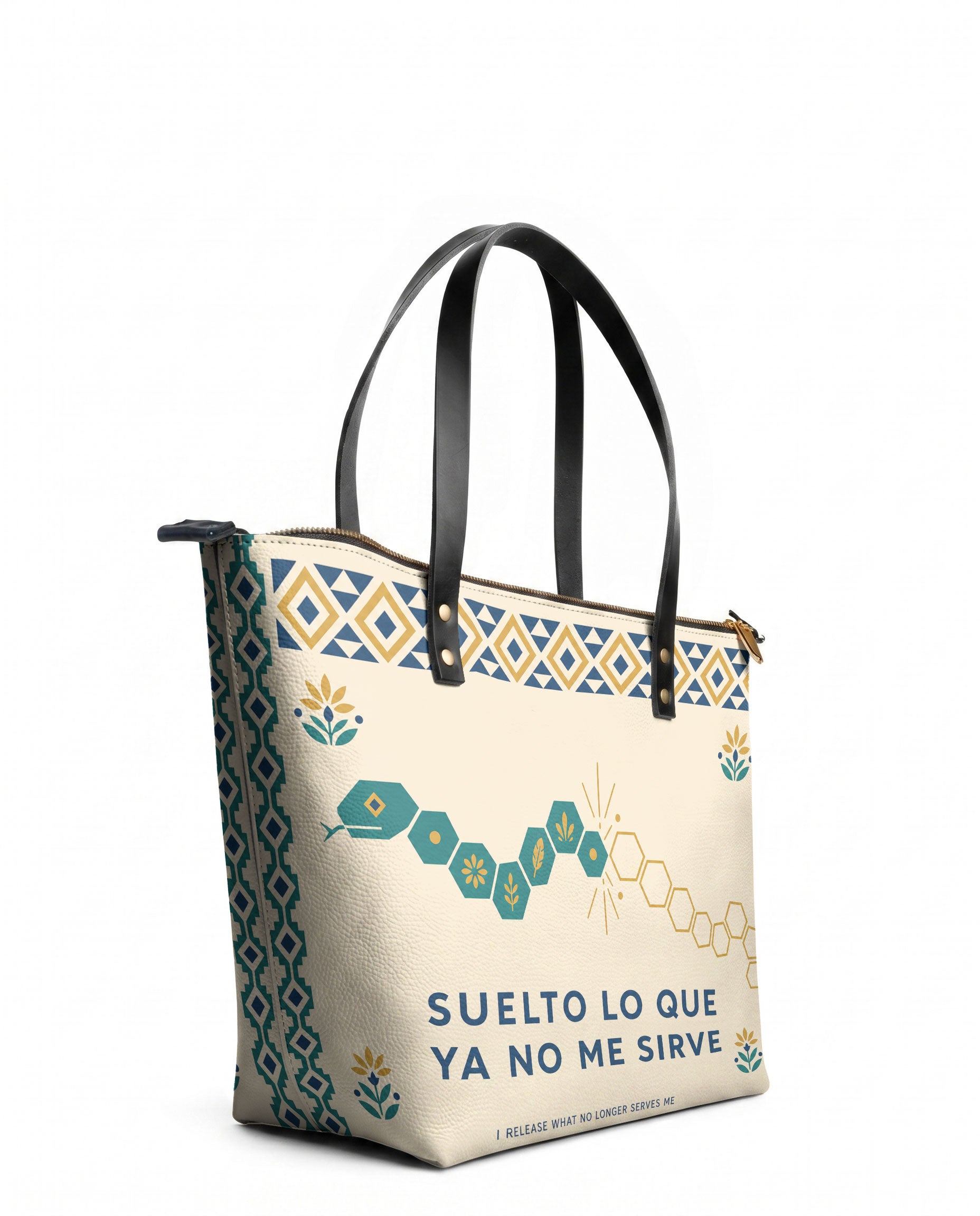 "Suelto lo que ya no me sirve" ver.4 Leather Tote Bag - side view | Paleta Bags