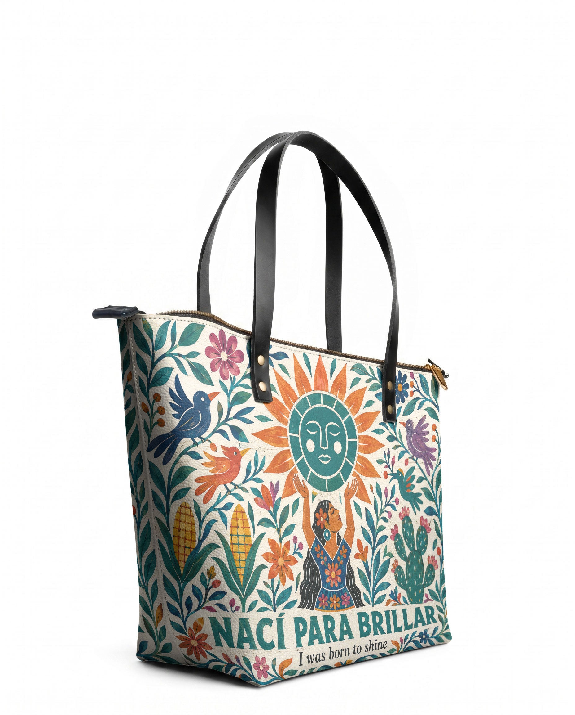 "Nací para brillar" ver.2 Leather Tote Bag - side view | Paleta Bags