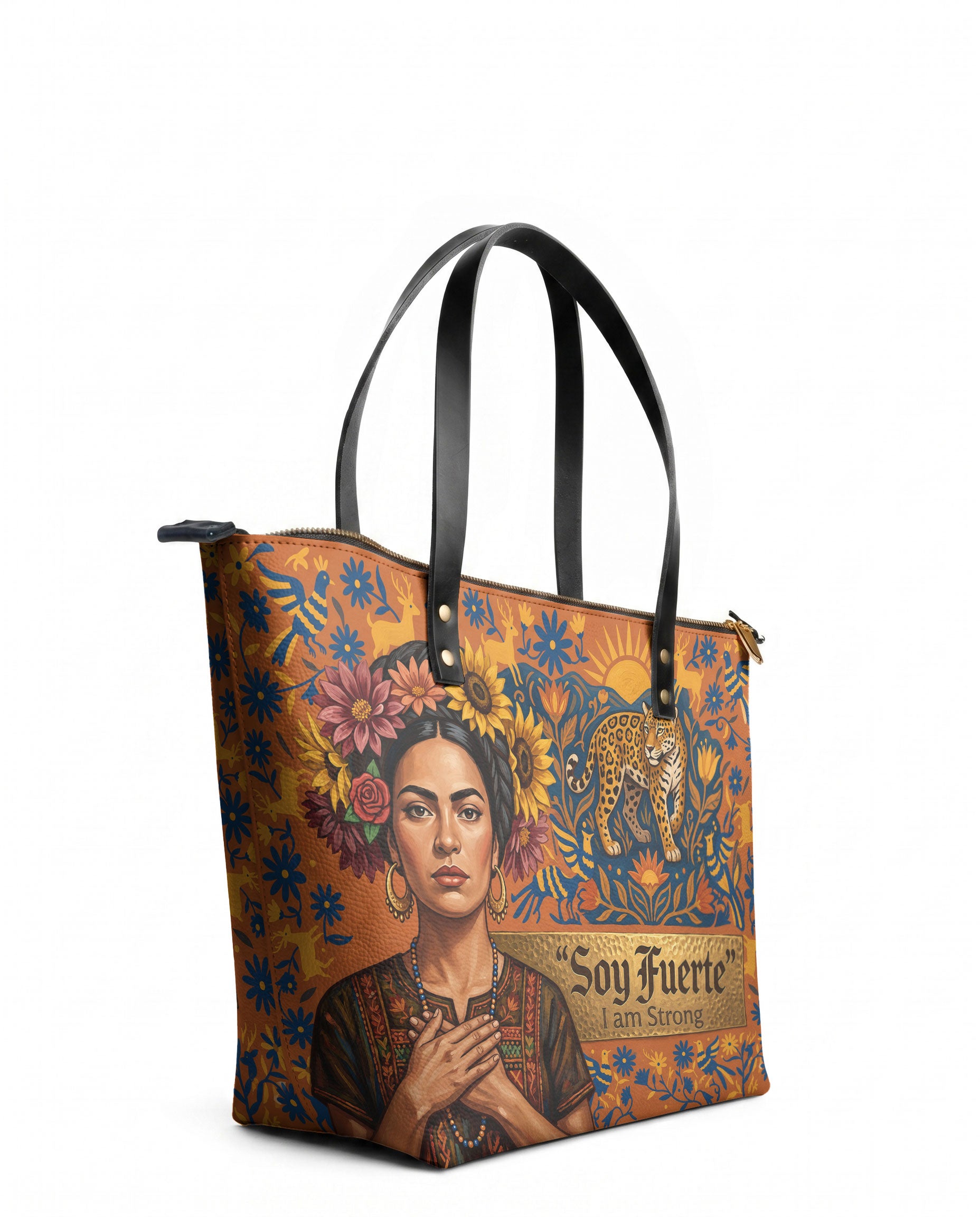 "Soy Fuerte" ver.2 Leather Tote Bag - side view | Paleta Bags