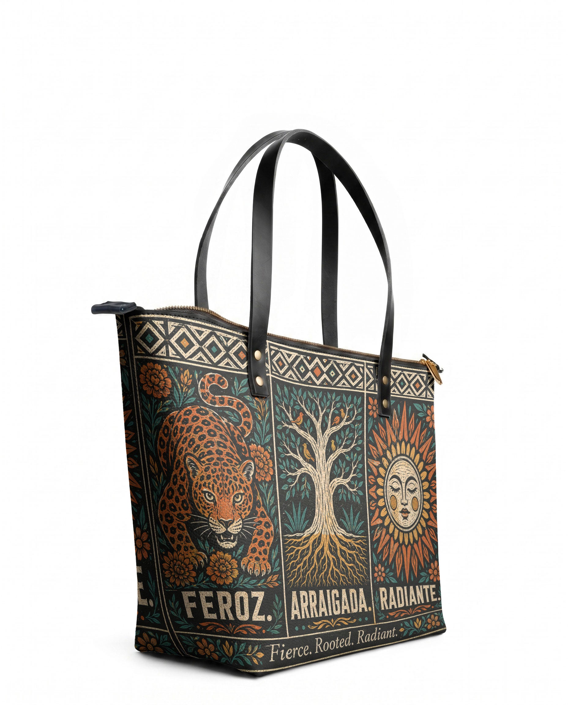 "Feroz. Arraigada. Radiante" ver.1 Leather Tote Bag - side view | Paleta Bags