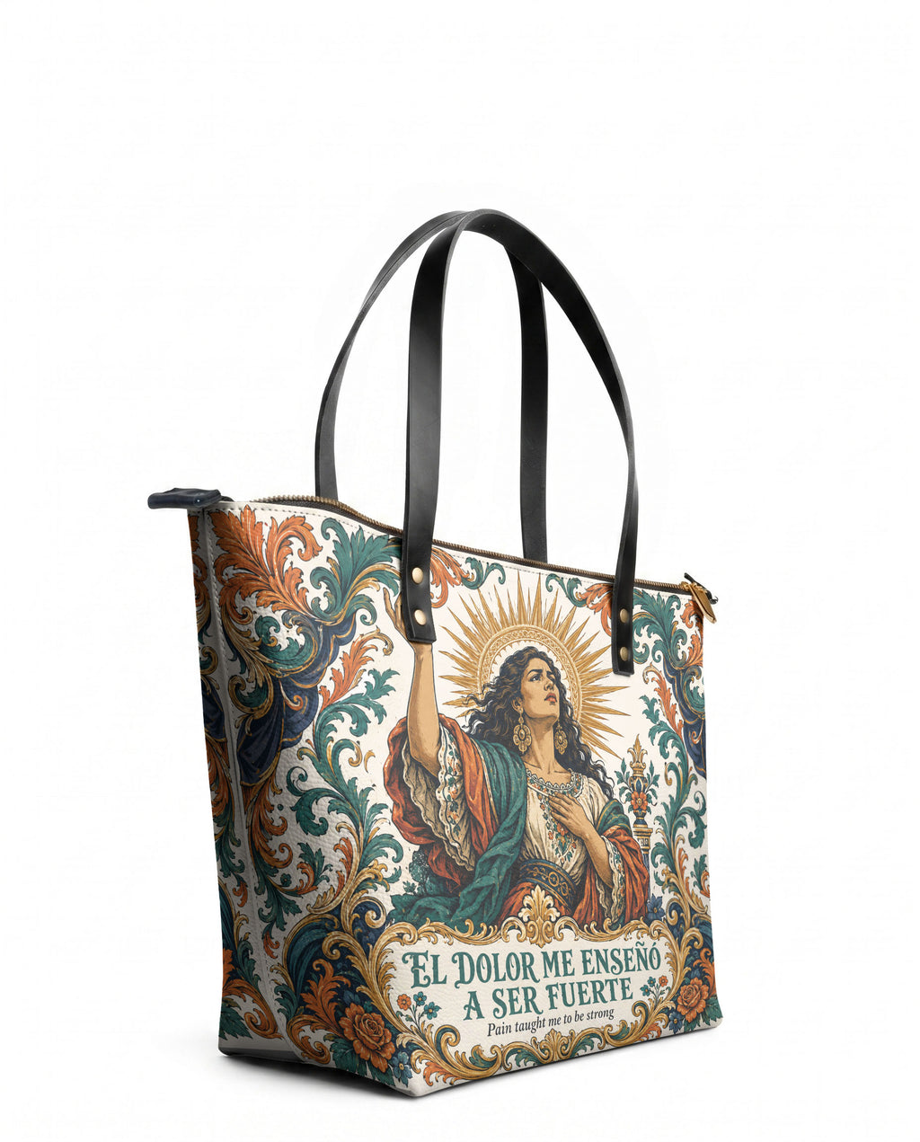 "El dolor me enseñó a ser fuerte" ver.5 Leather Tote Bag - side view | Paleta Bags