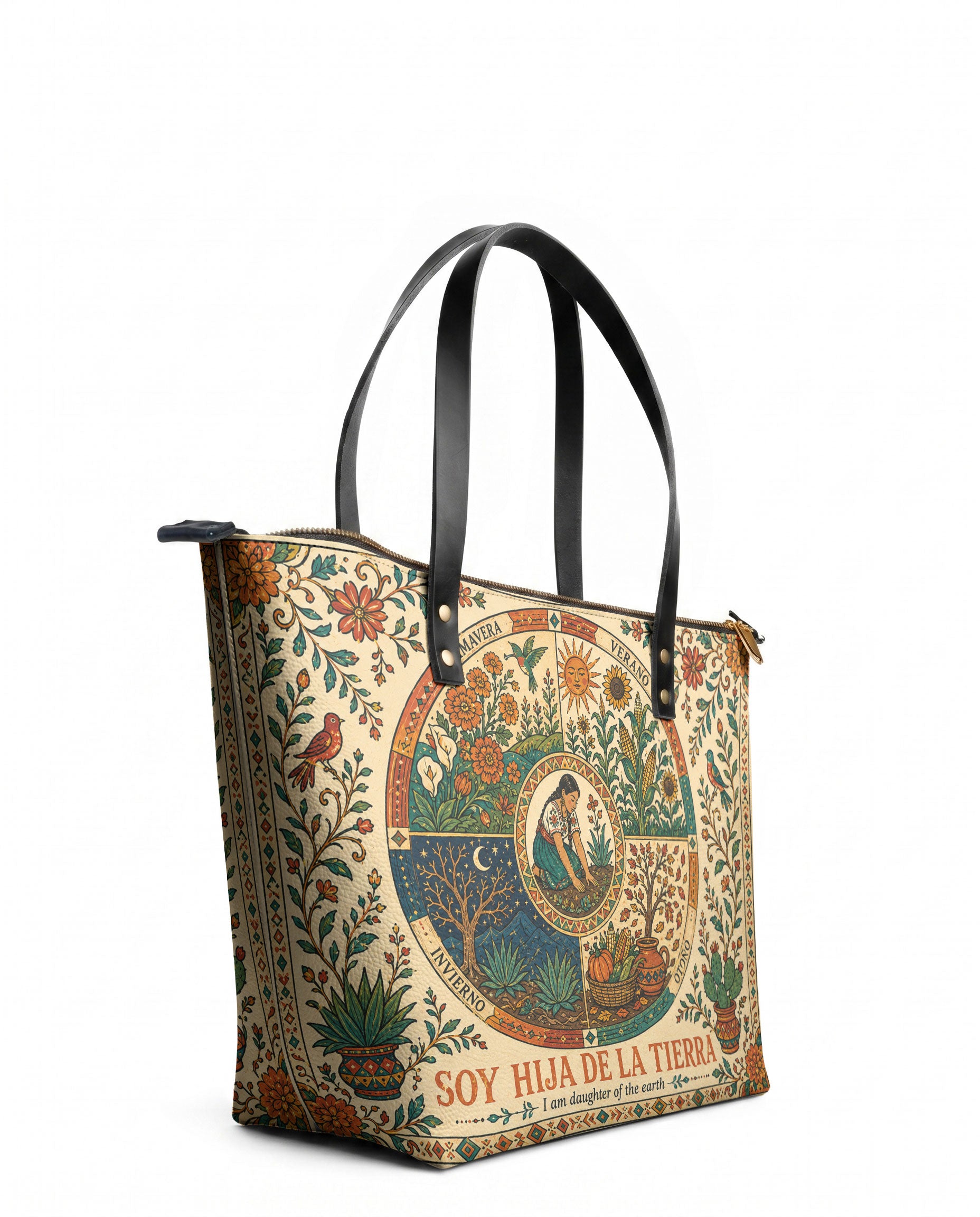 "Soy hija de la tierra" ver.1 Leather Tote Bag - side view | Paleta Bags
