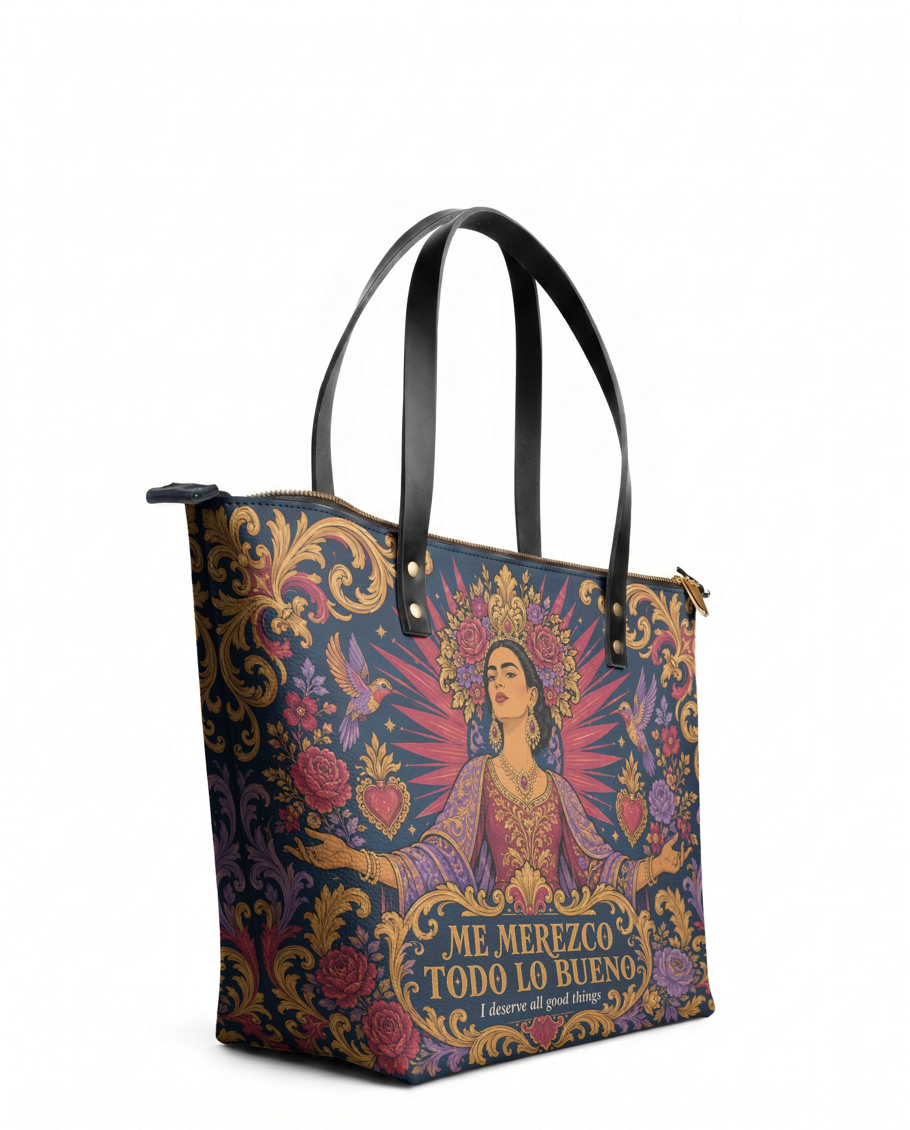"Me merezco todo lo bueno" ver.2 Leather Tote Bag - side view | Paleta Bags