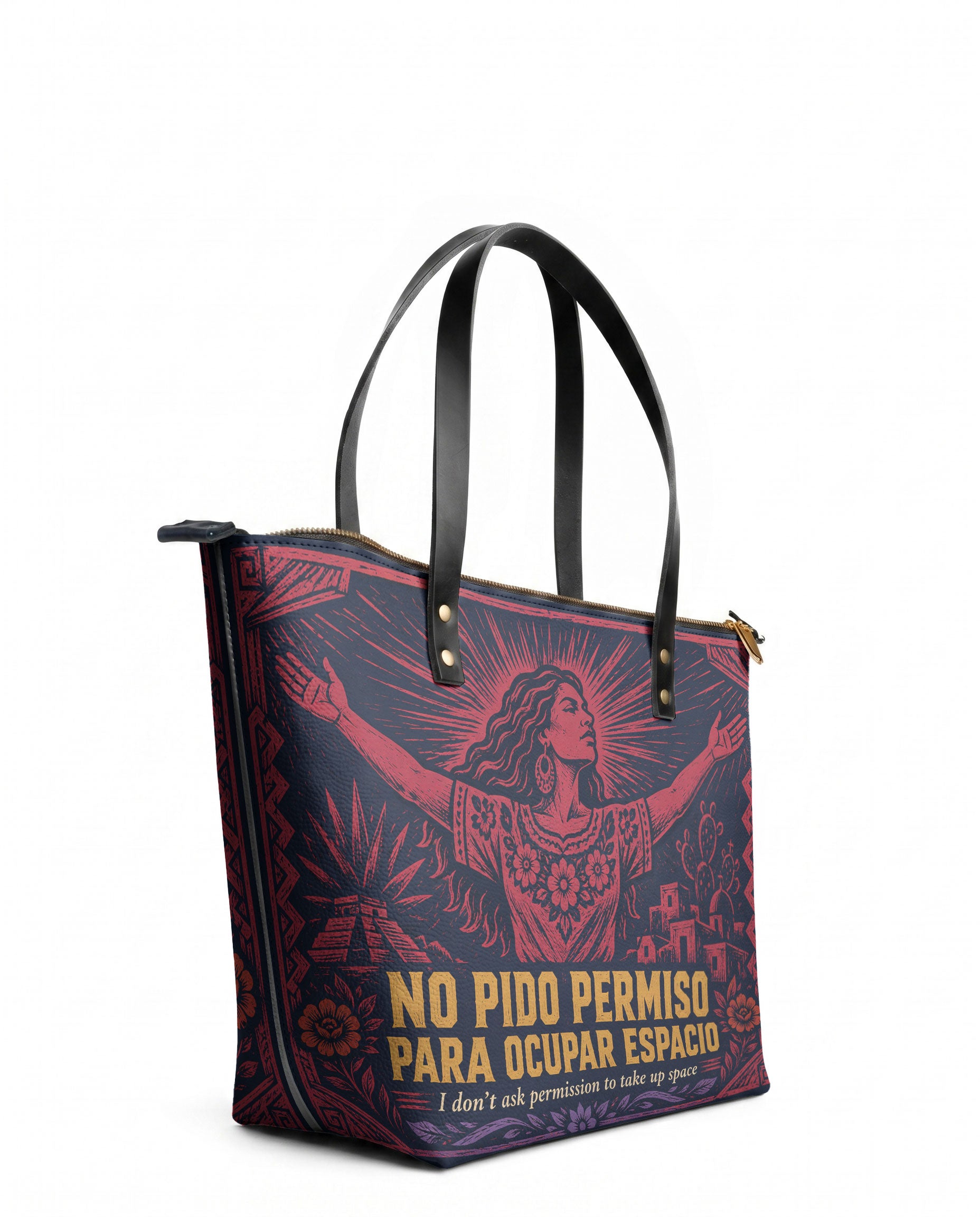 "No pido permiso para ocupar espacio" ver.2 Leather Tote Bag - side view | Paleta Bags