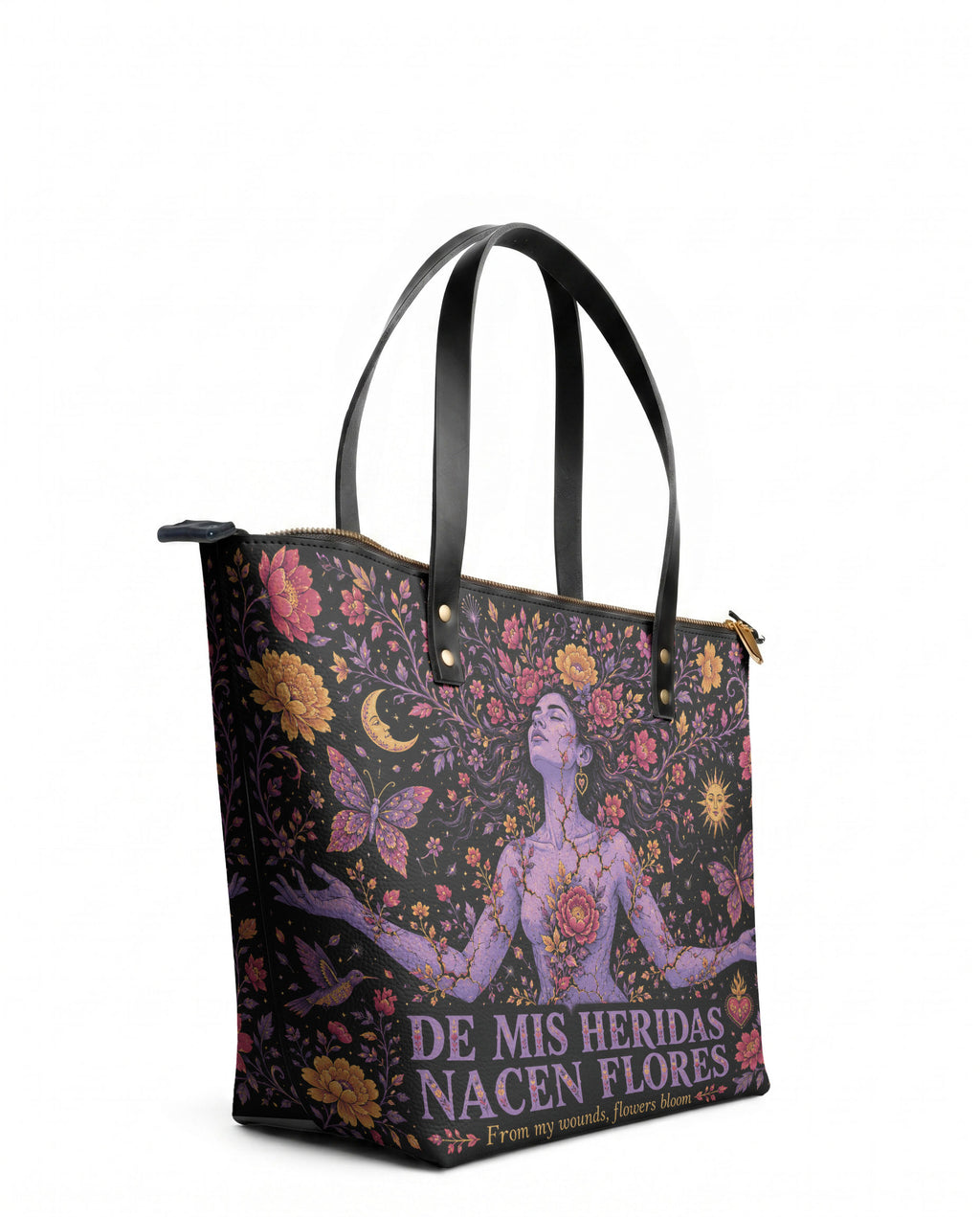 "De mis heridas nacen flores" ver.5 Leather Tote Bag - side view | Paleta Bags