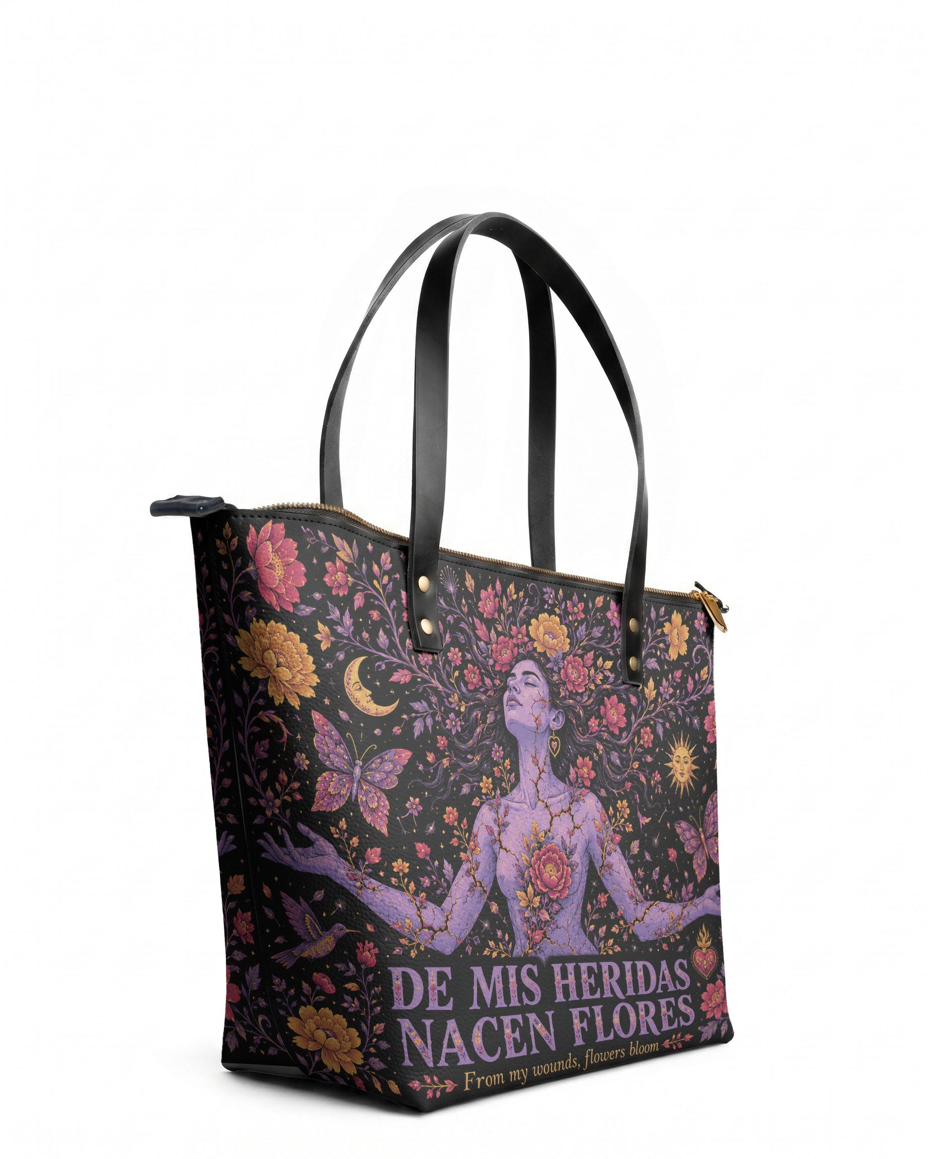 "De mis heridas nacen flores" ver.5 Leather Tote Bag - side view | Paleta Bags