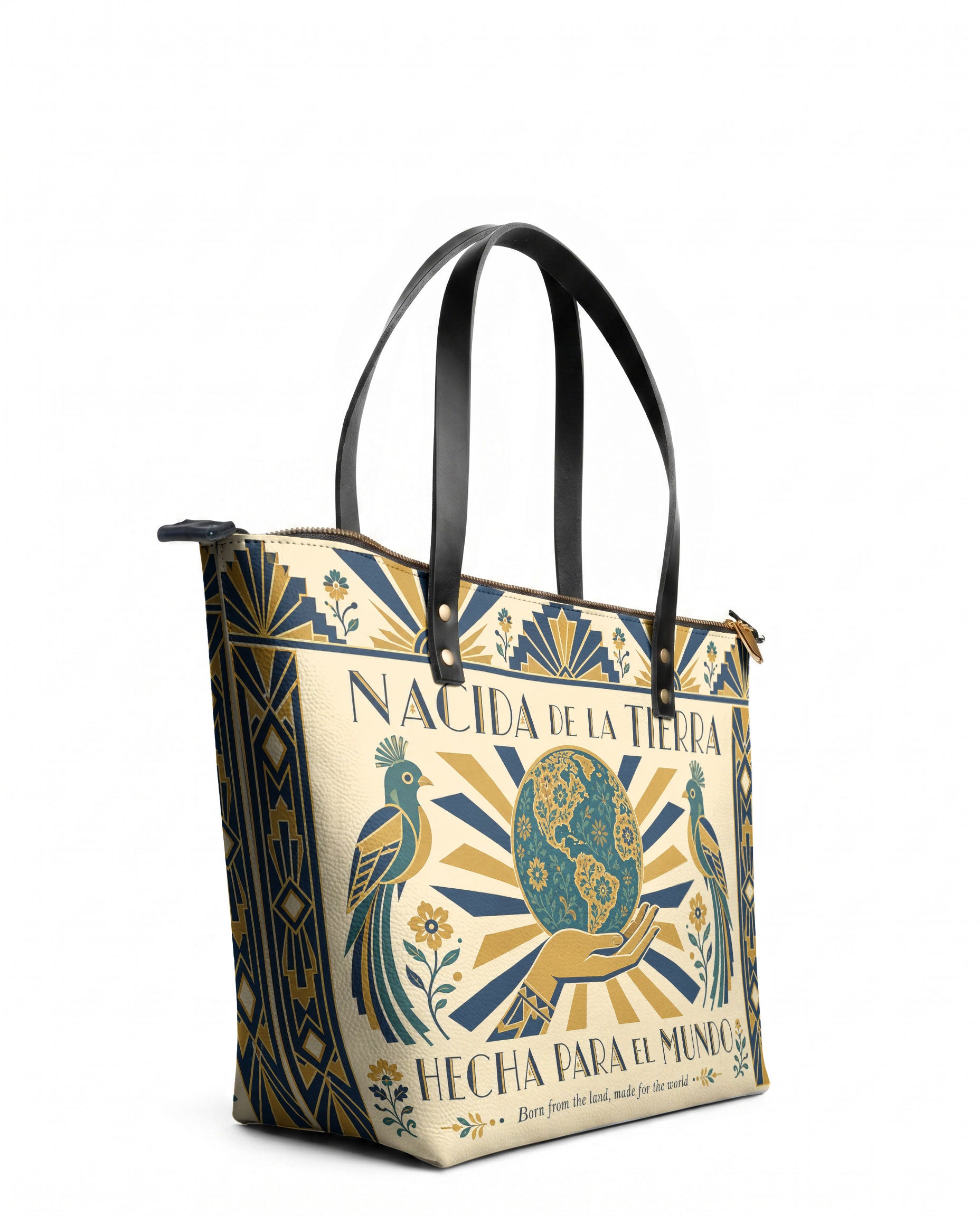 "Nacida de la tierra, hecha para el mundo" ver.2 Leather Tote Bag - side view | Paleta Bags