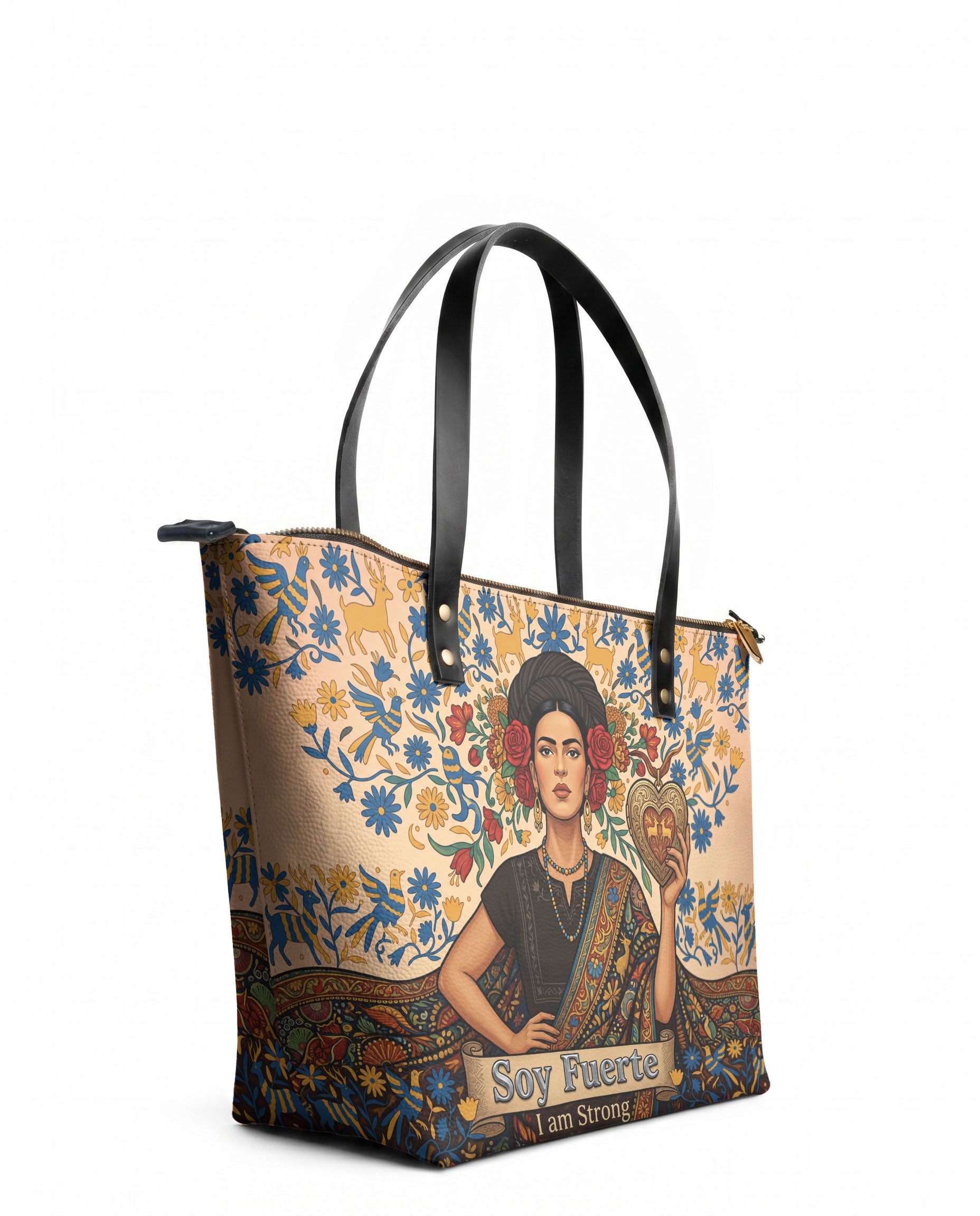 "Soy Fuerte" ver.3 Leather Tote Bag - side view | Paleta Bags