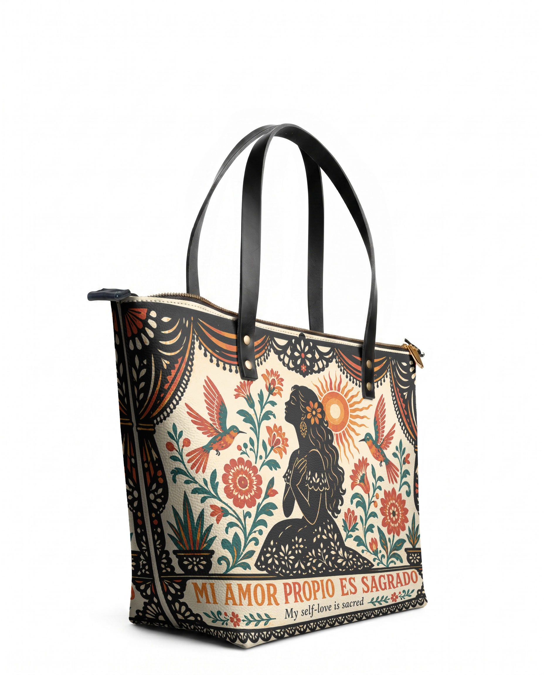 "Mi amor propio es sagrado" ver.5 Leather Tote Bag - side view | Paleta Bags