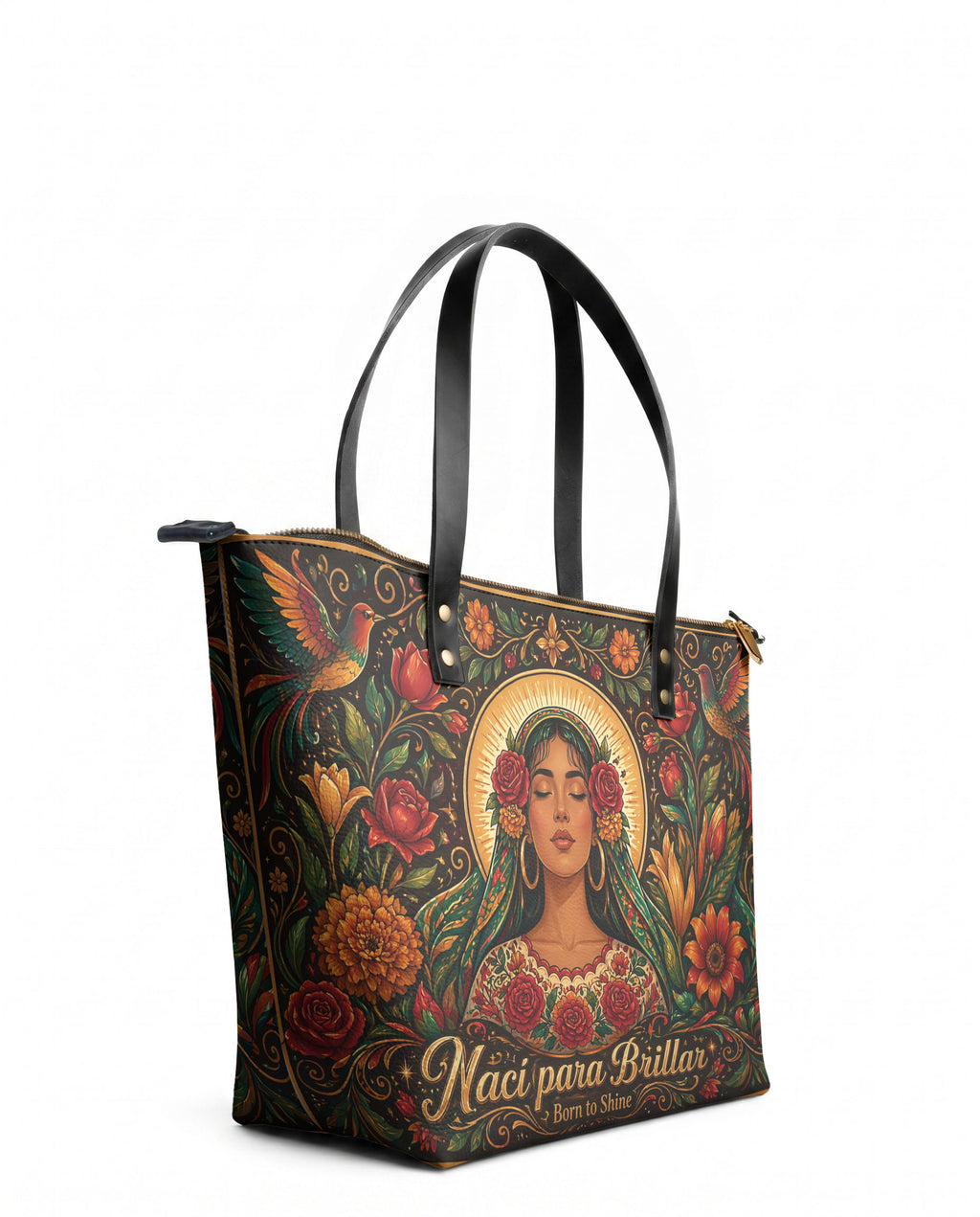 "Nací para brillar" ver.3 Leather Tote Bag - side view | Paleta Bags