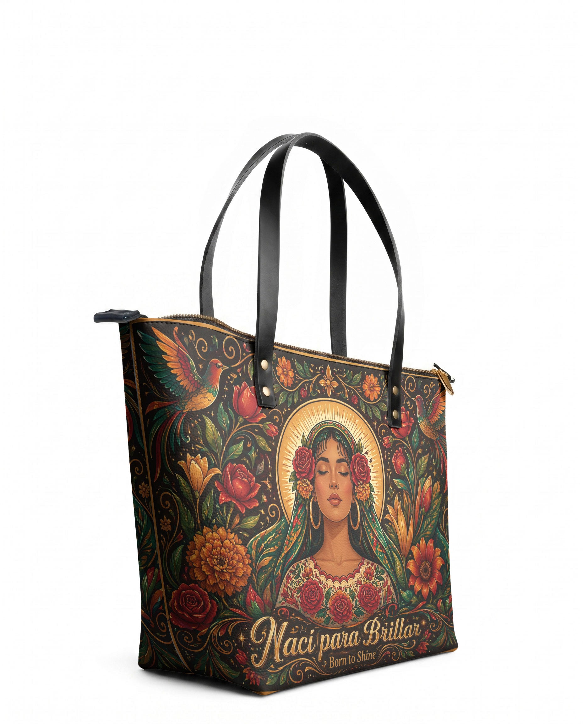 "Nací para brillar" ver.3 Leather Tote Bag - side view | Paleta Bags