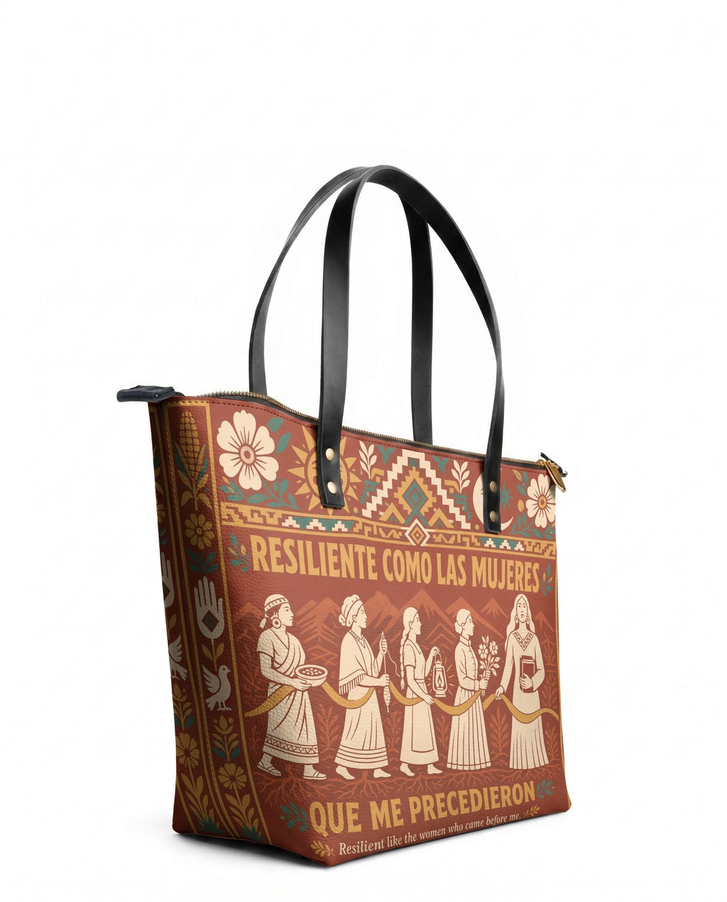 "Resiliente como las mujeres que me precedieron" ver.1 Leather Tote Bag - side view | Paleta Bags