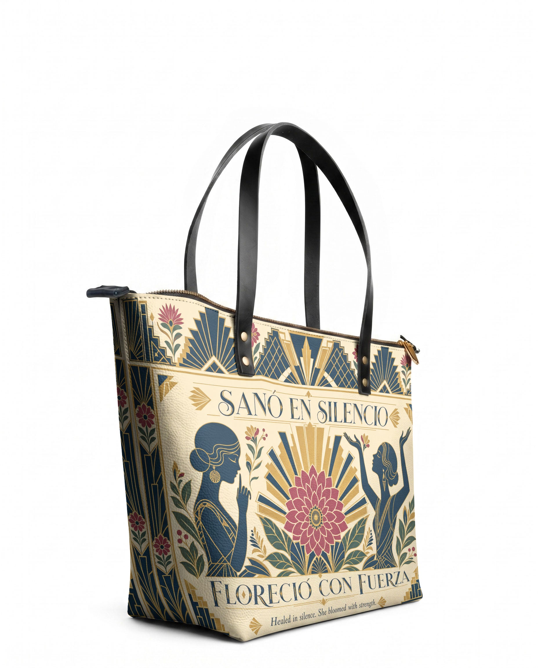 "Sanó en silencio, floreció con fuerza" ver.3 Leather Tote Bag - side view | Paleta Bags