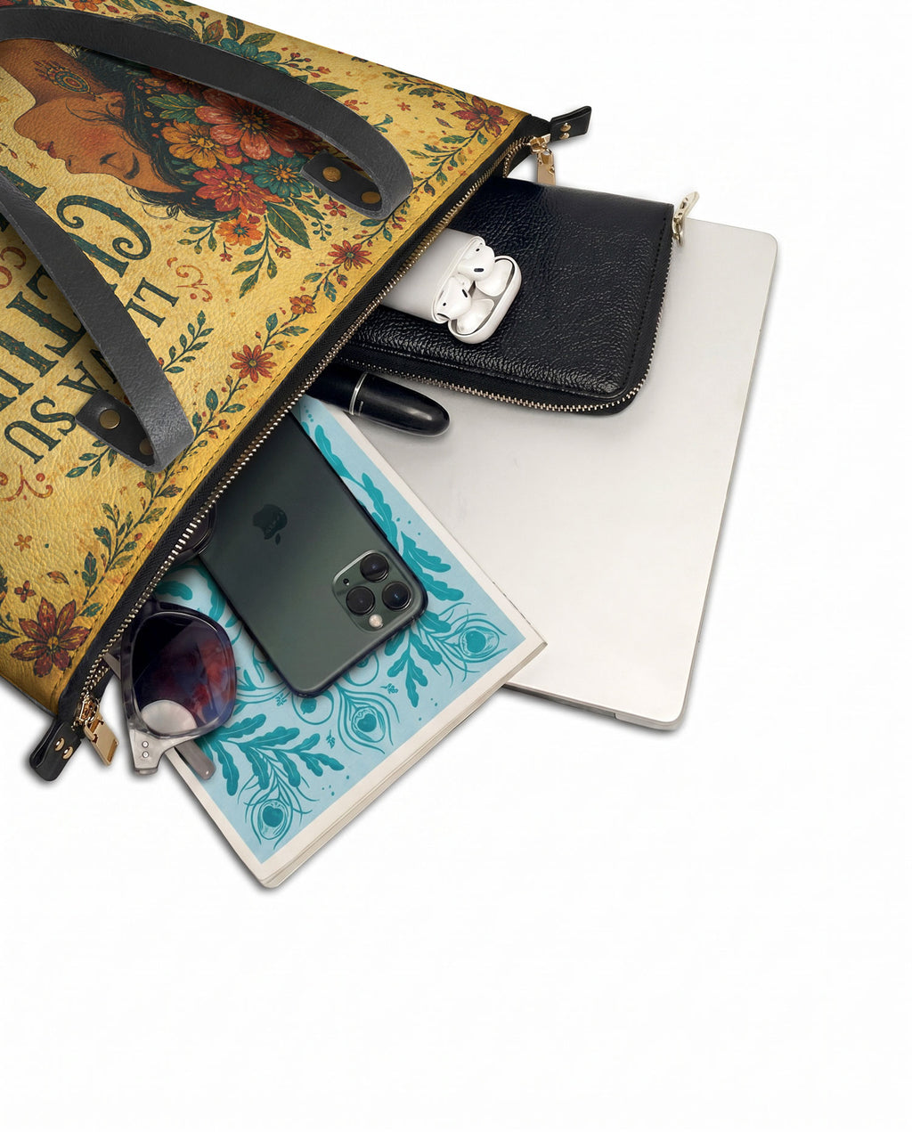 "Lleva su cultura como flores en flor" ver.1 Leather Tote Bag - detail | Paleta Bags