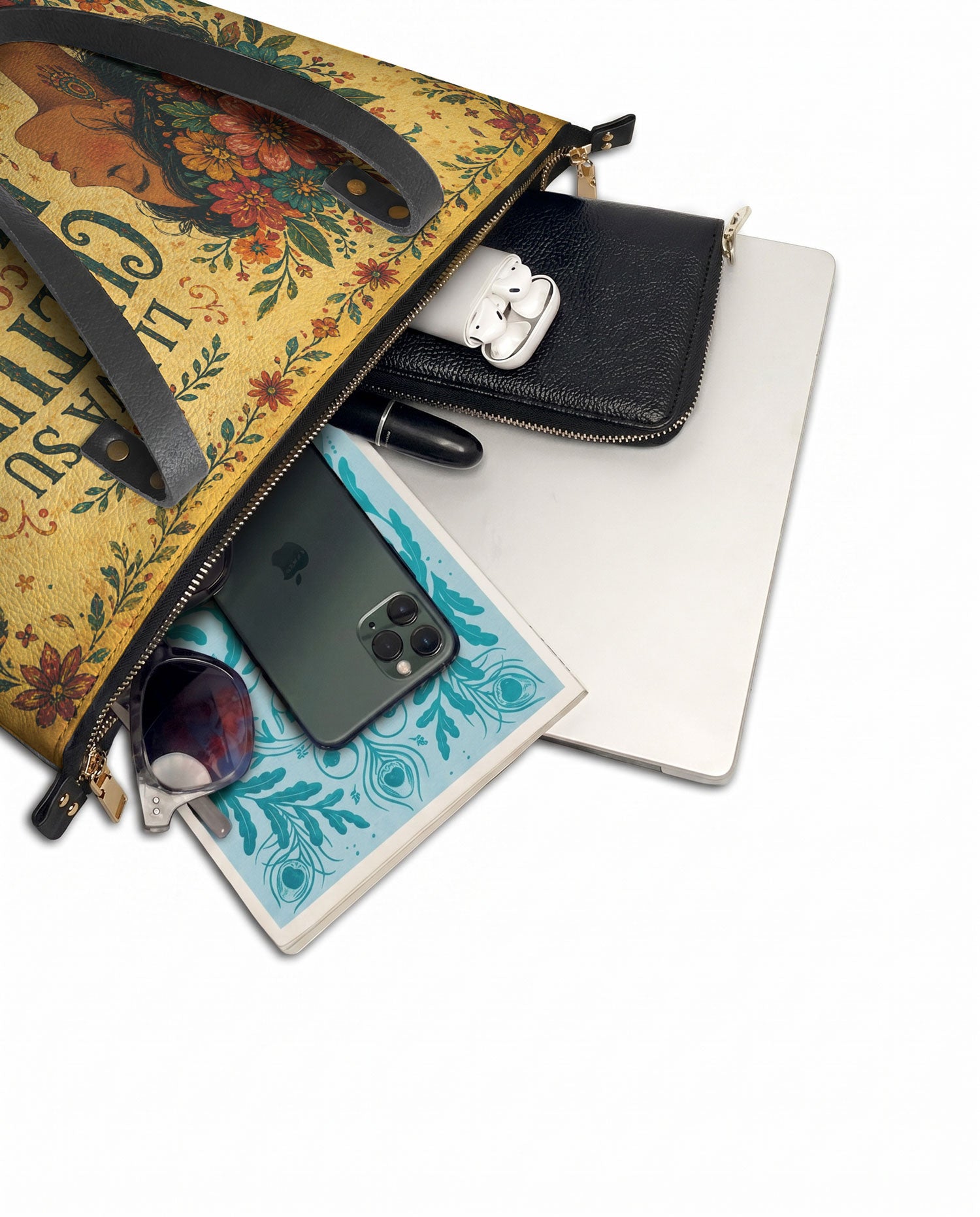 "Lleva su cultura como flores en flor" ver.1 Leather Tote Bag - detail | Paleta Bags