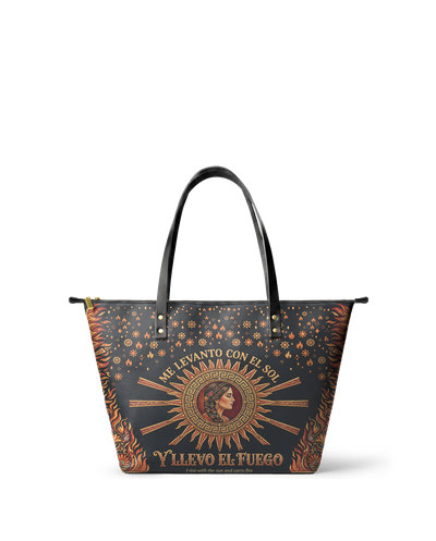 "Me levanto con el sol y llevo el fuego" ver.3 Leather Tote Bag