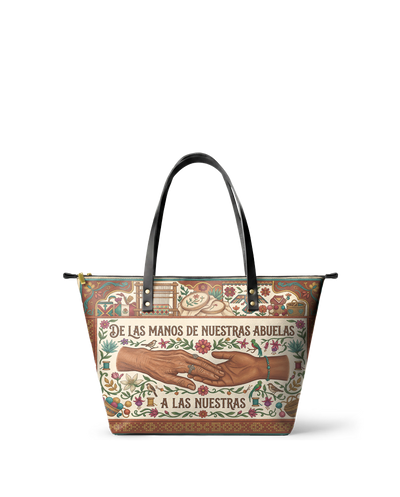 "De las manos de nuestras abuelas a las nuestras" ver.4 Leather Tote Bag
