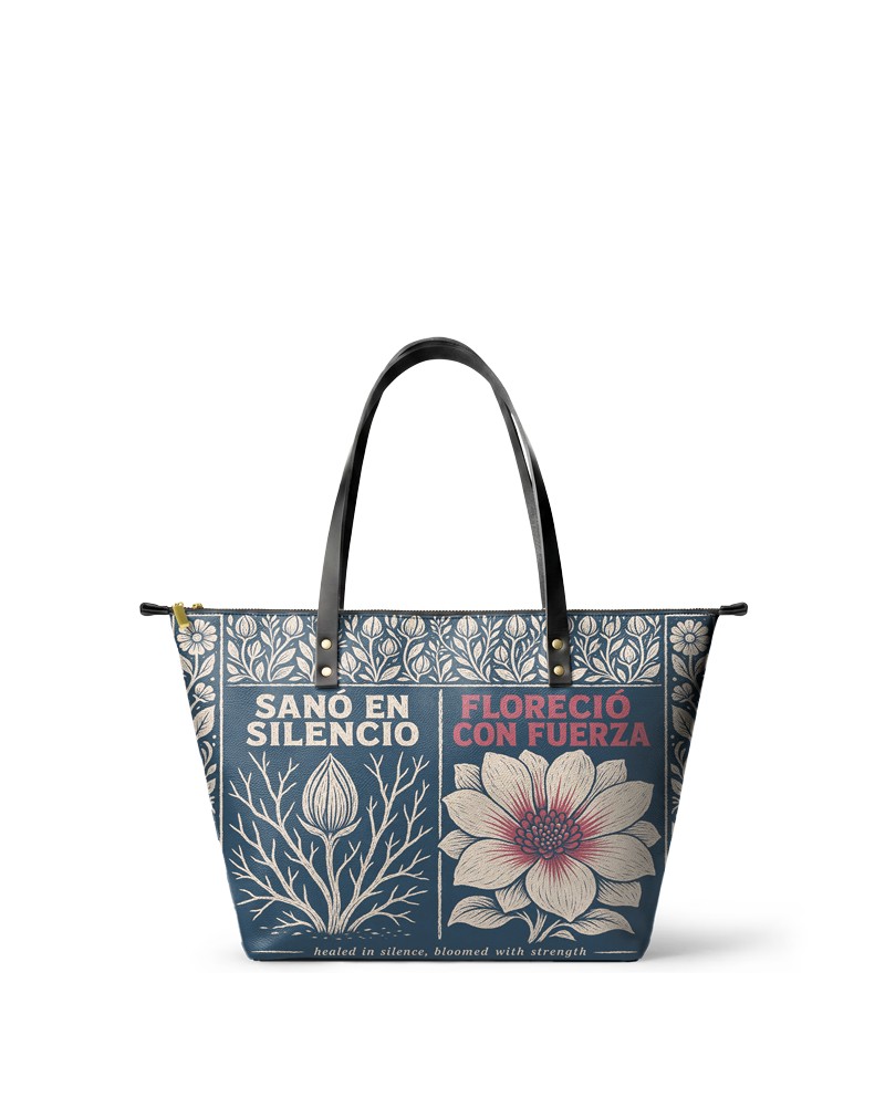 "Sanó en silencio, floreció con fuerza" ver.1 Leather Tote Bag