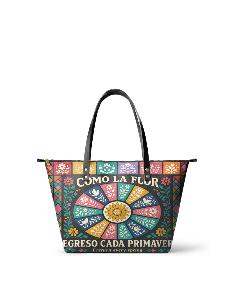 "Como la flor, regreso cada primavera" ver.2 Leather Tote Bag