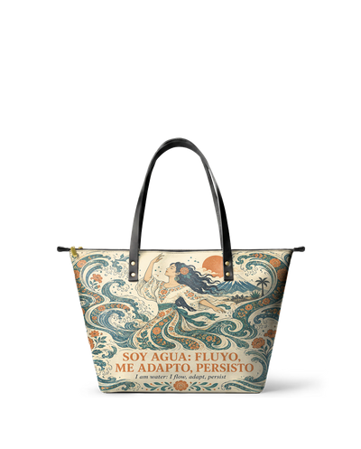 "Soy agua fluyo, me adapto, persisto" ver.4 Leather Tote Bag