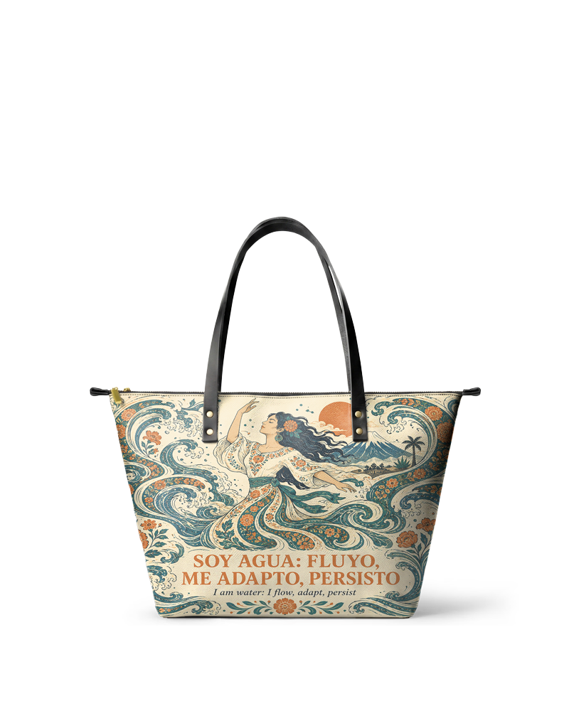 "Soy agua fluyo, me adapto, persisto" ver.4 Leather Tote Bag