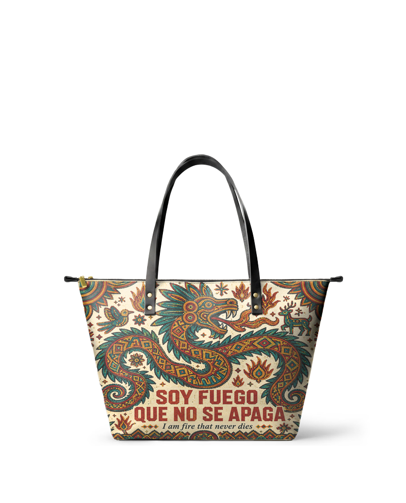 "Soy fuego que no se apaga" ver.2 Leather Tote Bag