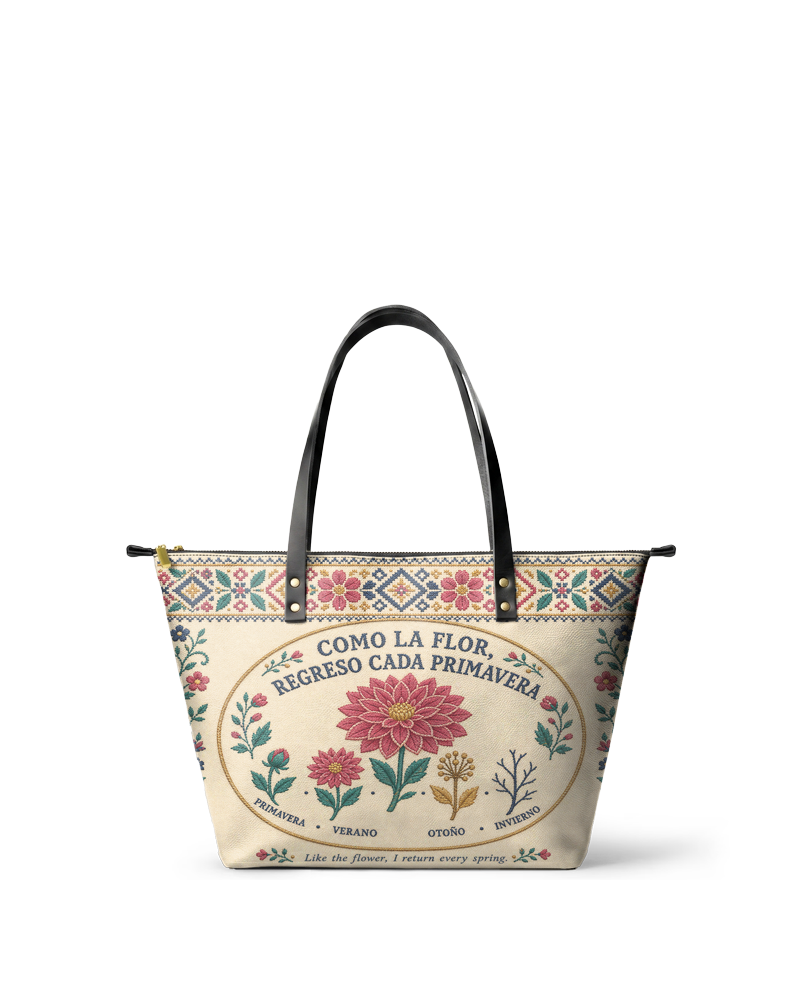 "Como la flor, regreso cada primavera" ver.3 Leather Tote Bag