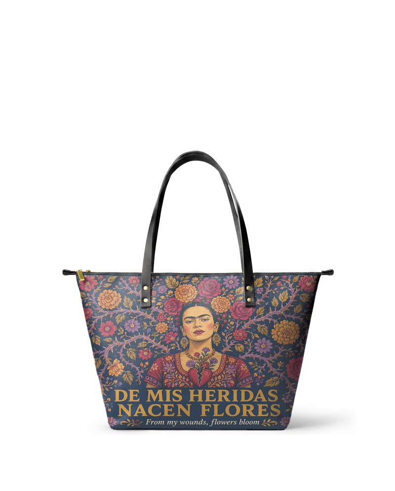 "De mis heridas nacen flores" ver.3 Leather Tote Bag