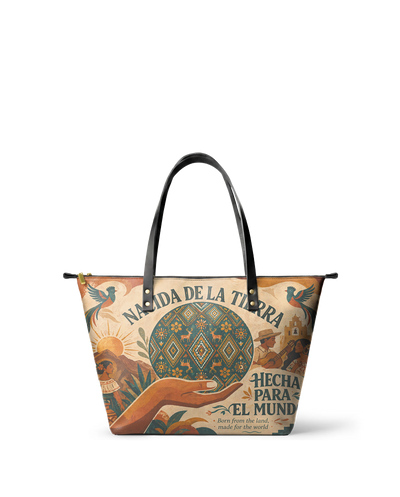"Nacida de la tierra, hecha para el mundo" ver.1 Leather Tote Bag