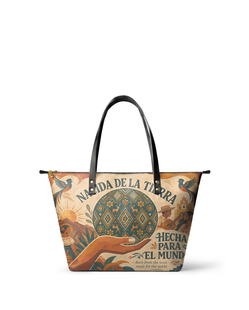 "Nacida de la tierra, hecha para el mundo" ver.1 Leather Tote Bag