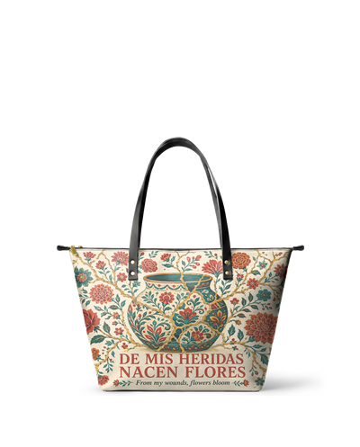 "De mis heridas nacen flores" ver.2 Leather Tote Bag