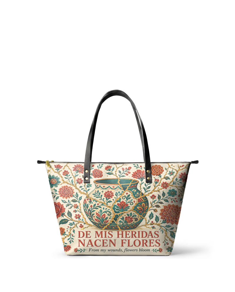 "De mis heridas nacen flores" ver.2 Leather Tote Bag