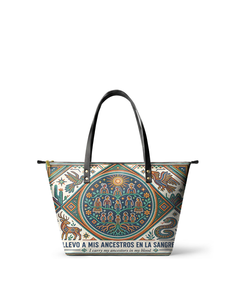 "Llevo a mis ancestros en la sangre" ver.4 Leather Tote Bag