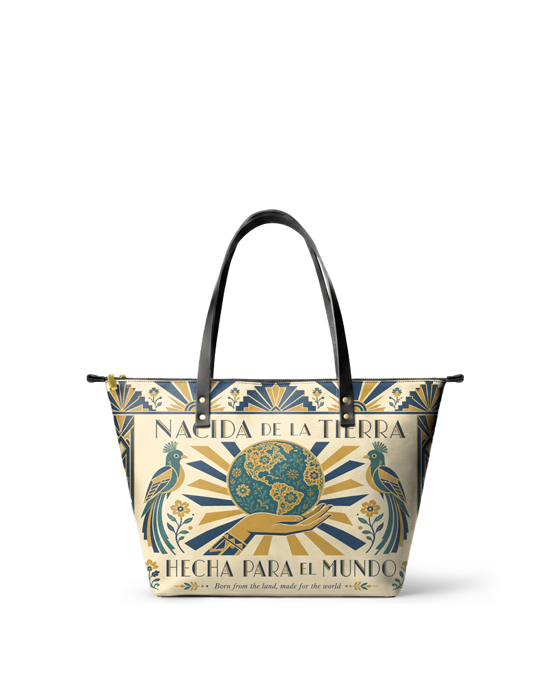 "Nacida de la tierra, hecha para el mundo" ver.2 Leather Tote Bag