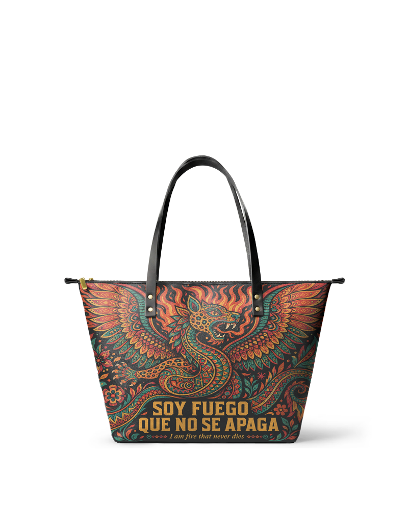 "Soy fuego que no se apaga" ver.1 Leather Tote Bag
