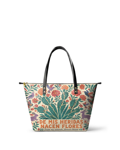 "De mis heridas nacen flores" ver.4 Leather Tote Bag