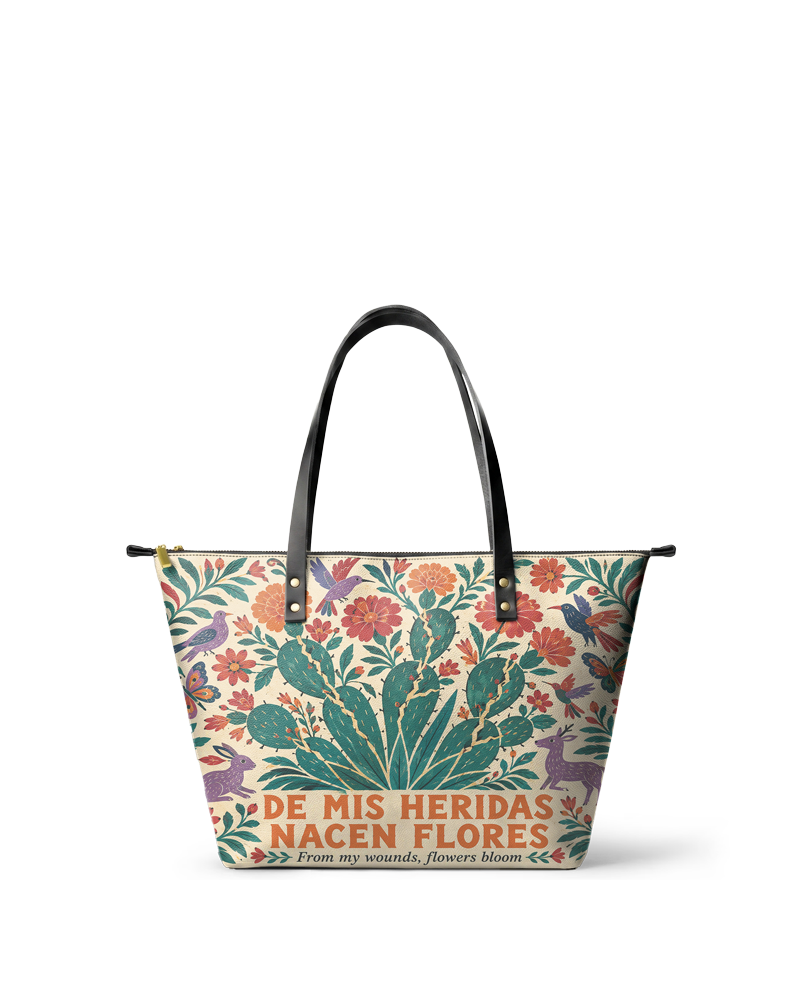 "De mis heridas nacen flores" ver.4 Leather Tote Bag