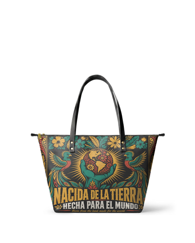 "Nacida de la tierra, hecha para el mundo" ver.4 Leather Tote Bag