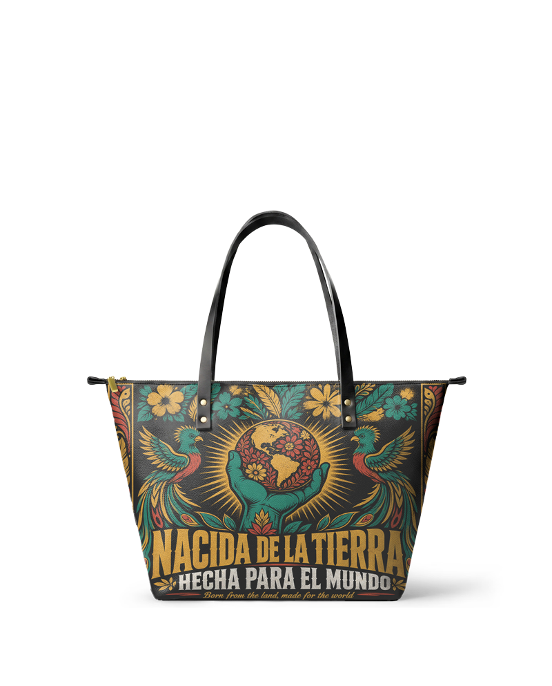"Nacida de la tierra, hecha para el mundo" ver.4 Leather Tote Bag