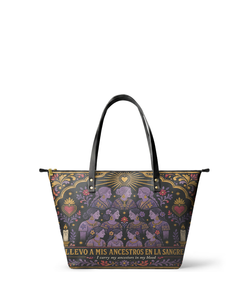 "Llevo a mis ancestros en la sangre" ver.3 Leather Tote Bag