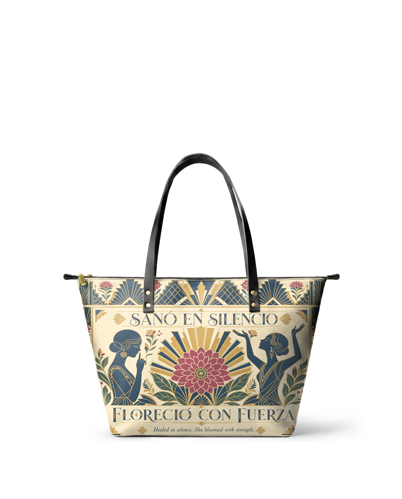"Sanó en silencio, floreció con fuerza" ver.3 Leather Tote Bag