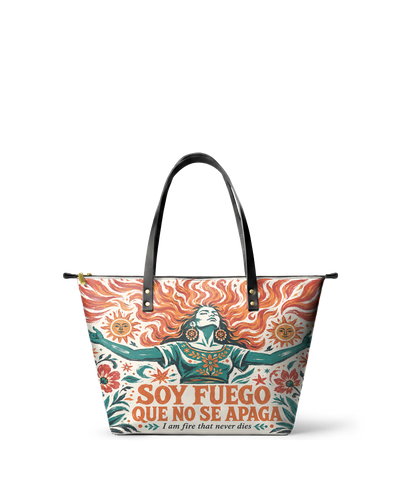 "Soy fuego que no se apaga" ver.4 Leather Tote Bag