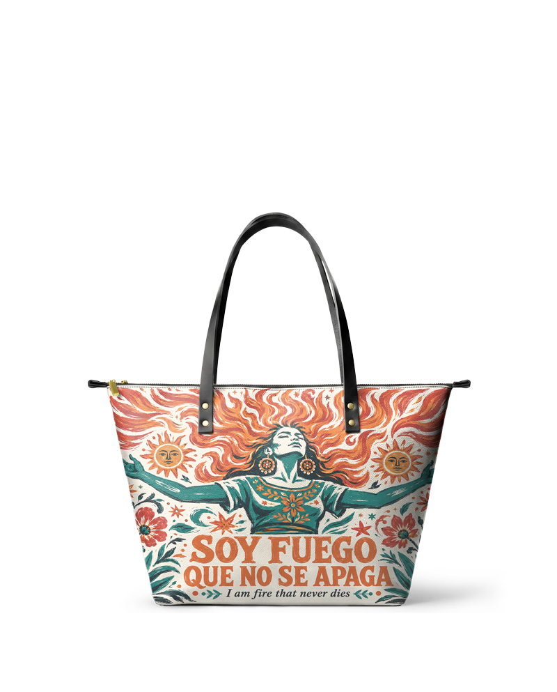 "Soy fuego que no se apaga" ver.4 Leather Tote Bag