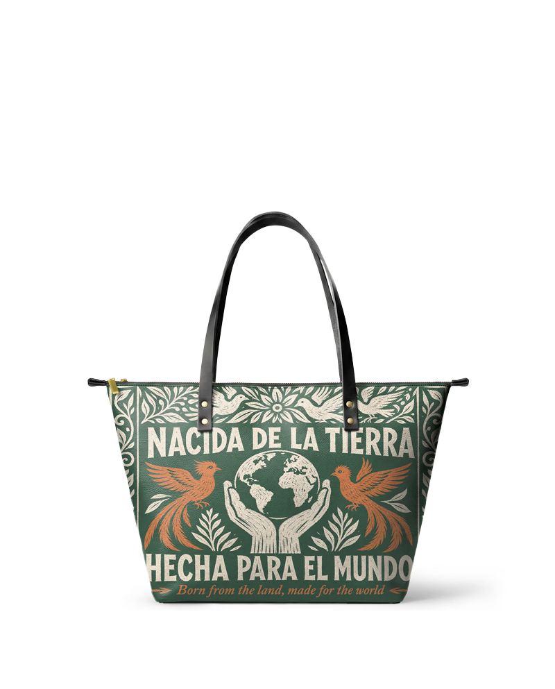"Nacida de la tierra, hecha para el mundo" ver.3 Leather Tote Bag