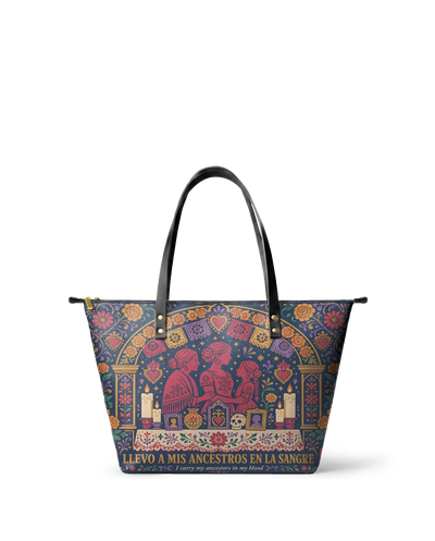 "Llevo a mis ancestros en la sangre" ver.1 Leather Tote Bag