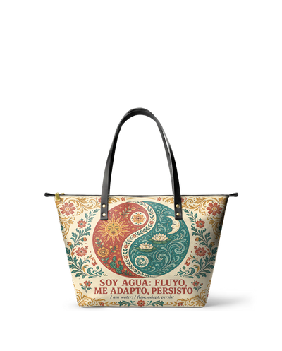 "Soy agua fluyo, me adapto, persisto" ver.5 Leather Tote Bag