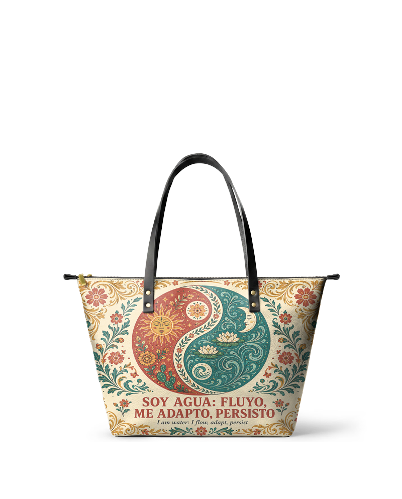 "Soy agua fluyo, me adapto, persisto" ver.5 Leather Tote Bag