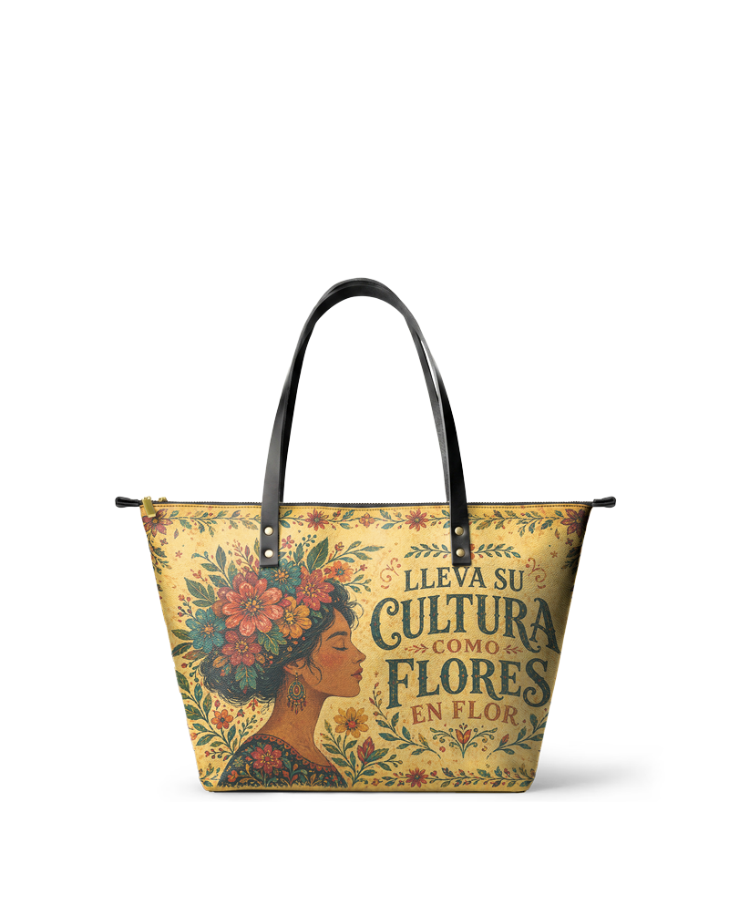 "Lleva su cultura como flores en flor" ver.1 Leather Tote Bag