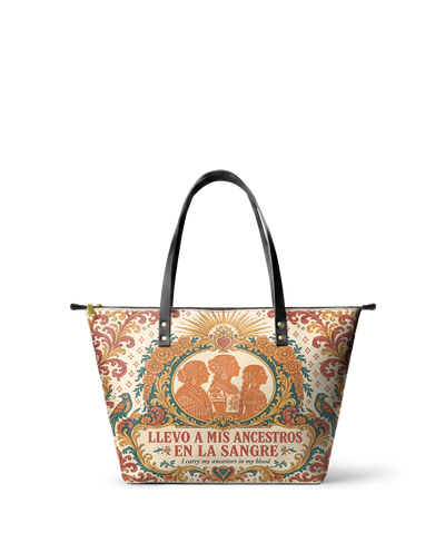 "Llevo a mis ancestros en la sangre" ver.5 Leather Tote Bag