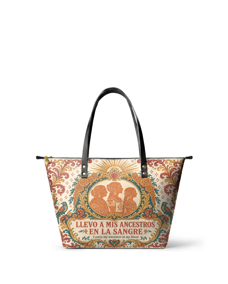 "Llevo a mis ancestros en la sangre" ver.5 Leather Tote Bag
